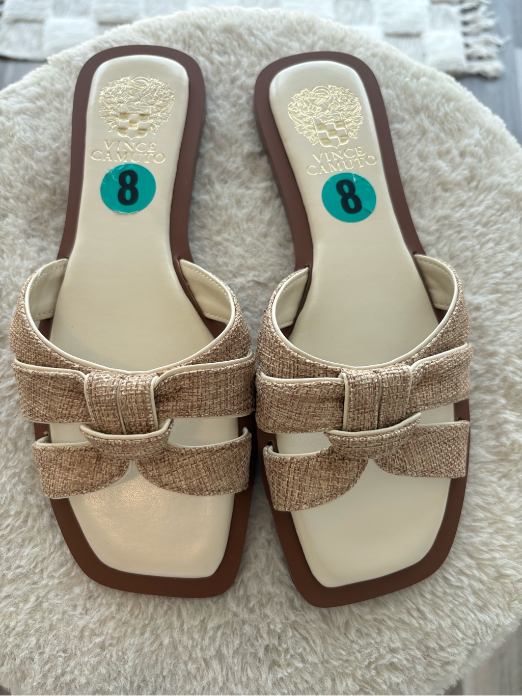 Vince Camuto Cream And Tan Woven Slide Mules